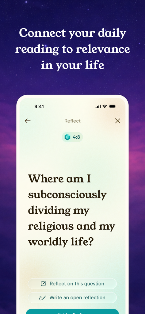 Yawm: Daily Quran Habit - Yawm app reflection screen asking a question about religious and worldly life balance with options to write or reflect