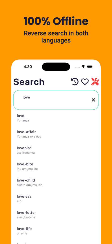 Igbo Dictionary - Dict Box - Igbo Dictionary app screen showing search results for the word love with Igbo translations