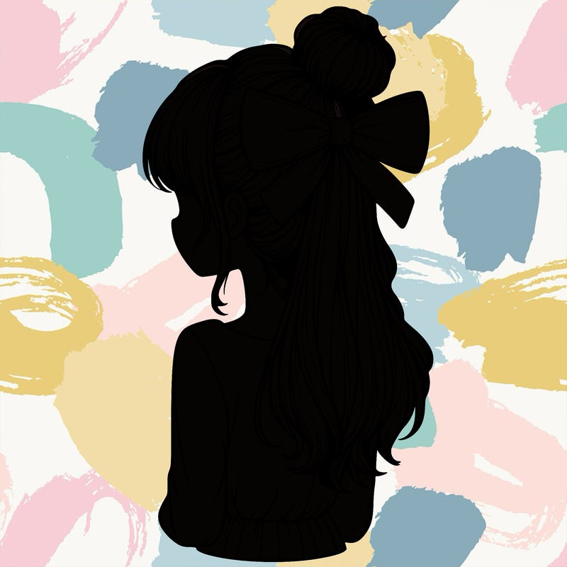 realistic girl  with hip length hair a bun and a big bow on the back of head