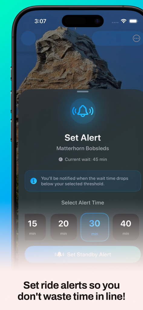 MagicMapper for Disneyland - Interfaz de la aplicación MagicMapper mostrando cómo configurar una alerta de tiempo de espera para la atracción Matterhorn Bobsleds