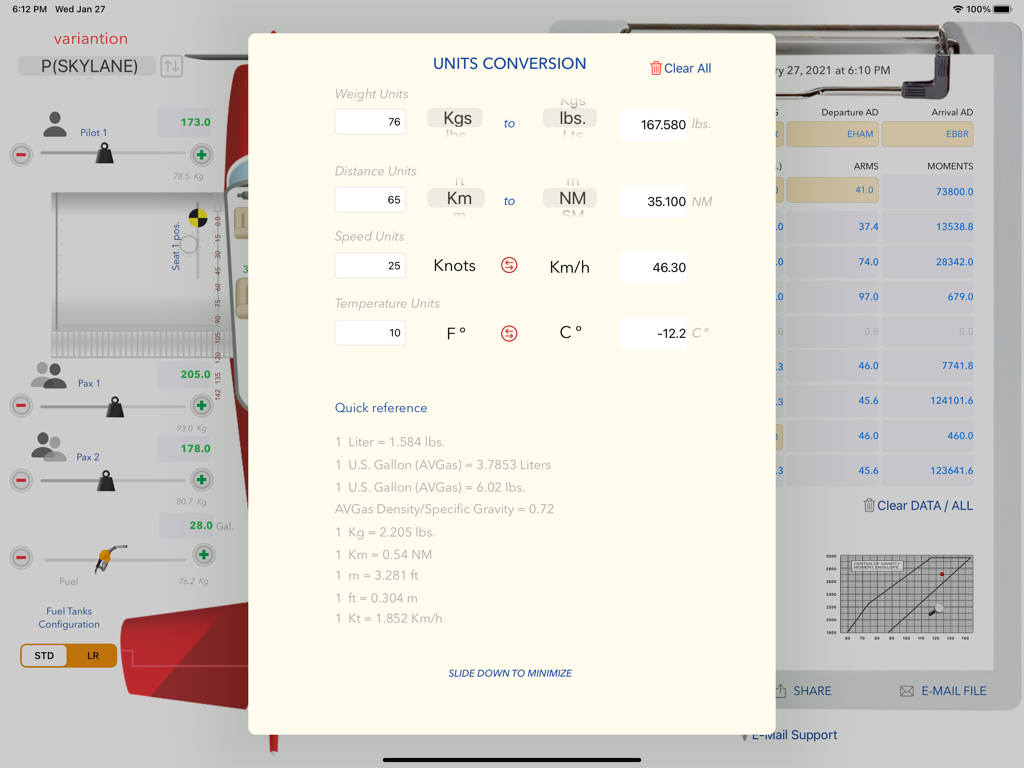 Einheitenumrechnungsbildschirm in der C182 Masse und Schwerpunkt App mit Einstellungen für Gewicht, Distanz, Geschwindigkeit und Temperatur