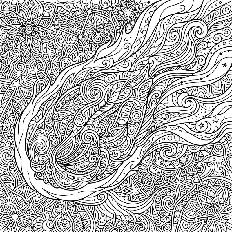Embark on an interstellar artistic journey with this captivating Zentangle coloring page featuring a celestial comet's coma. Immerse yourself in a universe of intricate patterns and swirling cosmic energy, perfect for creative relaxation.