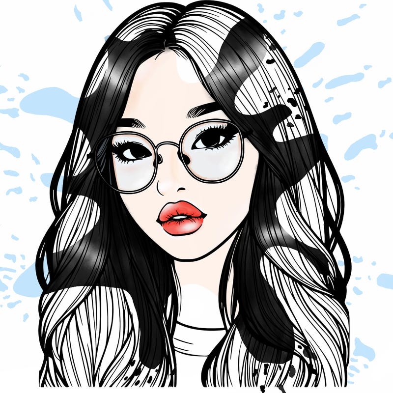 realistic korean girl with long hair, glasses and big lips