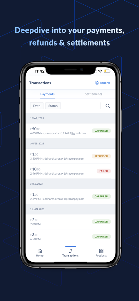 Razorpay - Accept Payments Now - A mobile screen showing the Razorpay transaction dashboard with a list of payments and their status such as captured refunded and failed