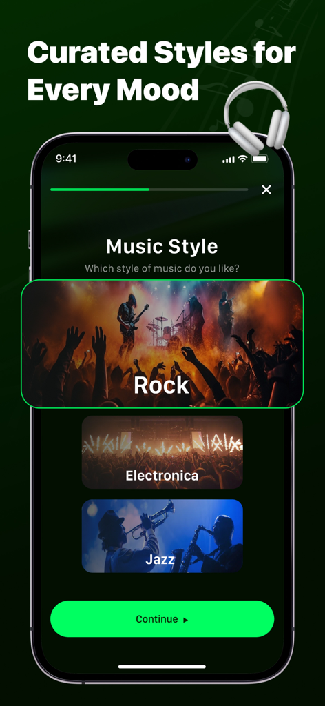 Ein Bildschirm zeigt Musikgenres wie Rock und Jazz für benutzerdefinierte KI-Klingeltöne.