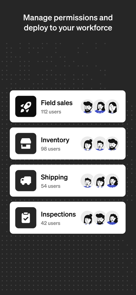 A dashboard interface in Retool Mobile showing categories for Field Sales, Inventory, Shipping, and Inspections with their respective user counts and team icons.