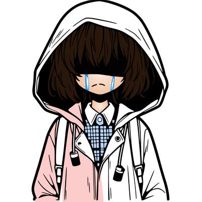 little anime girl in a raincoat her hair is covering her eyes she has a lighter