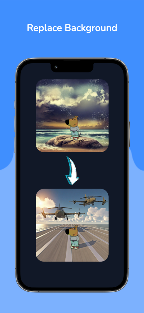 Video AI - Inspire.AI - A mobile screen showing the AI background replacement feature in the Video AI app