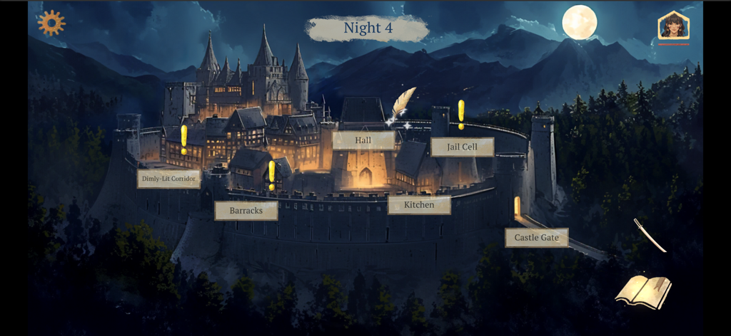 The Apocalypse Sacrifice - Un castillo medieval por la noche con etiquetas de ubicación y marcadores de misión en el juego The Apocalypse Sacrifice