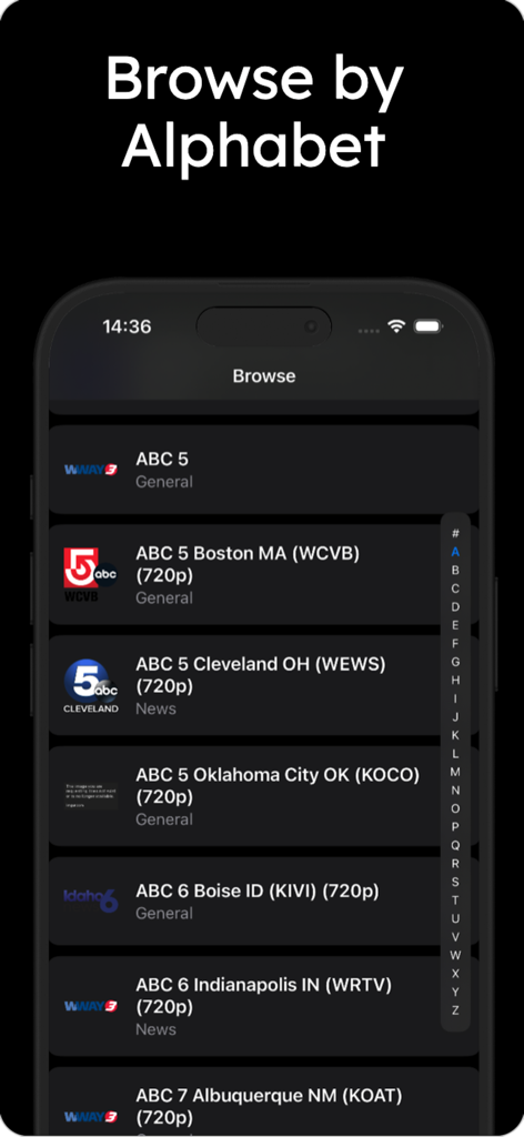 playr - iptv player - The playr IPTV app interface on an iPhone showing a channel list sorted alphabetically with an A to Z scroll bar.