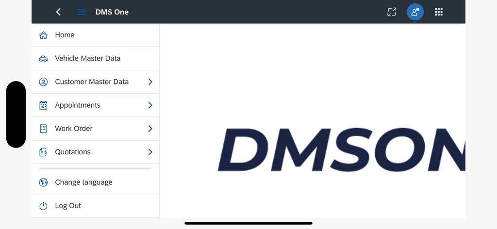 DMS One Mobile - Sidebar navigation menu of the DMS One Mobile automotive service app
