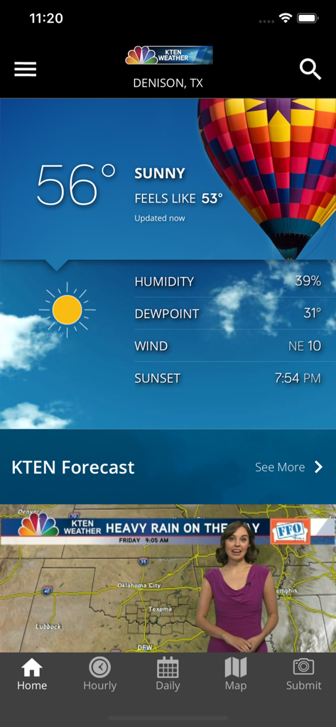 KTEN Weather - KTEN Weather app interface showing a 56 degree sunny forecast for Denison Texas and a local meteorologist video report