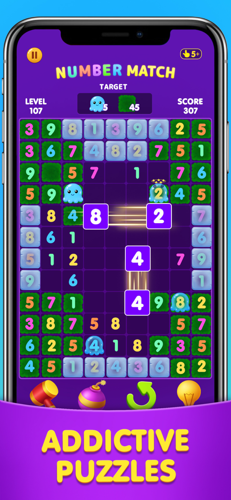 Number Match: Ten Crush Puzzle - Screenshot of Number Match Ten Crush Puzzle gameplay showing a colorful number grid with logic puzzle targets.
