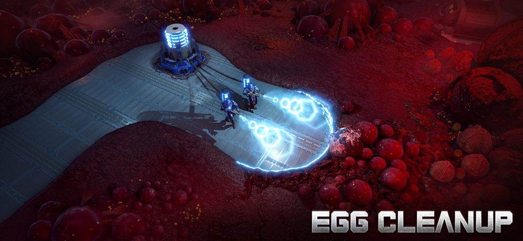 Deux soldats méchas utilisent des faisceaux d'énergie pour détruire des œufs extraterrestres à la surface de Mars