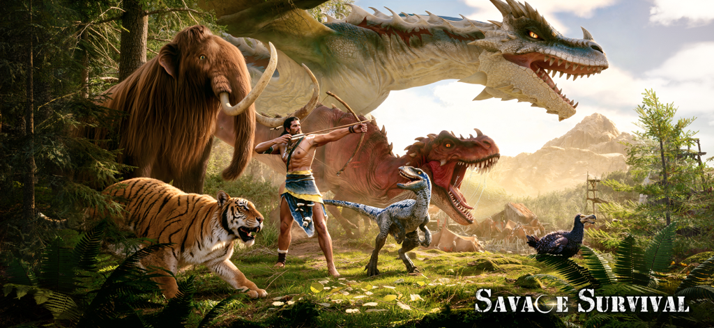 Guerrero antiguo con un arco parado entre dinosaurios, un mamut y otras criaturas prehistóricas