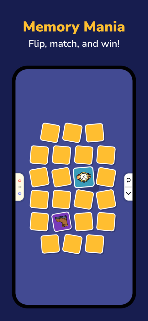 Two Player Games - DuoPlay - Memory Mania mini game screen showing a card matching challenge for two players on one device.