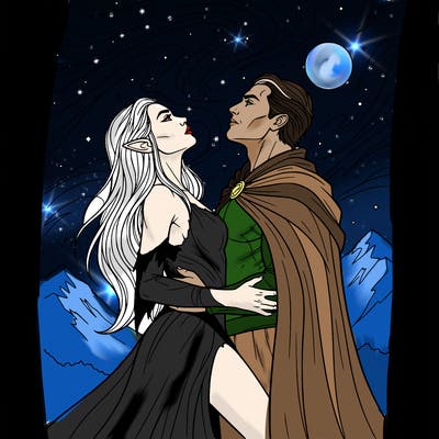vampire elven woman, looking up to the sky and a man holding her waist