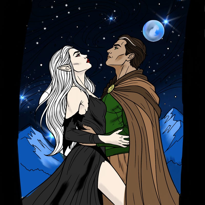 vampire elven woman, looking up to the sky and a man holding her waist