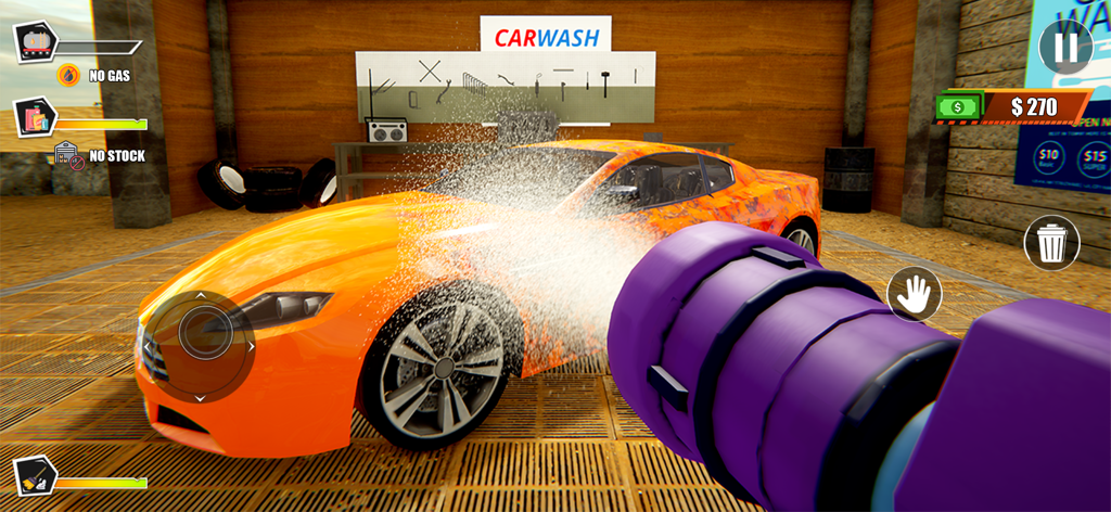 Visão em primeira pessoa lavando um carro esportivo laranja com uma mangueira de água na baia de lavagem de carros