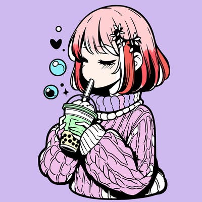 manga girl drinking boba in cozy sweater