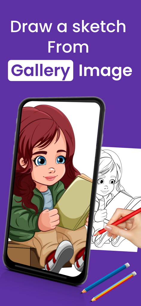 Draw : Trace & Sketch - A hand tracing a colorful cartoon girl from a phone gallery onto paper using a pencil