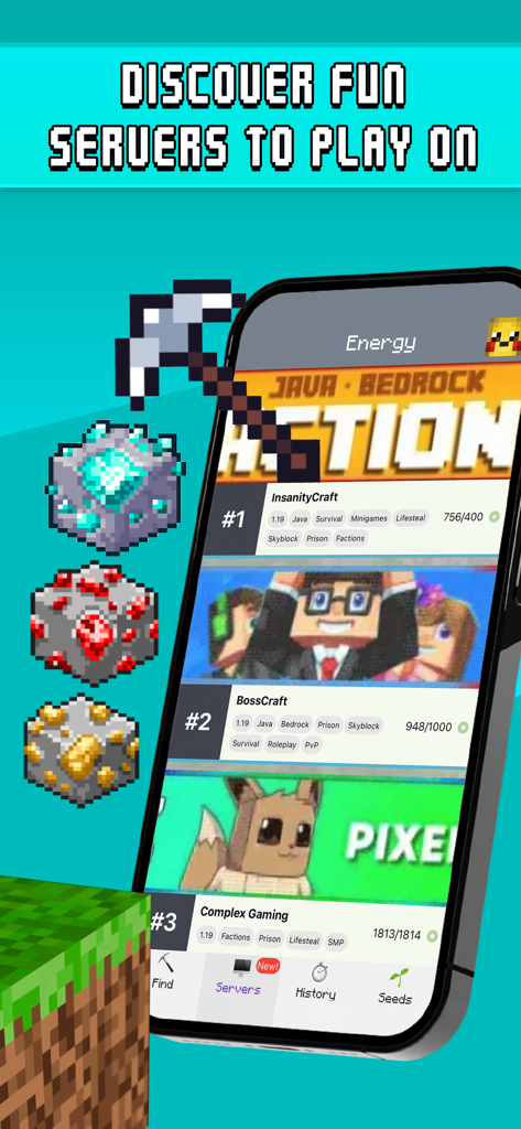 Find Diamonds Minecraft App-Oberfläche mit einer kuratierten Liste von unterhaltsamen Servern für Java- und Bedrock-Spieler