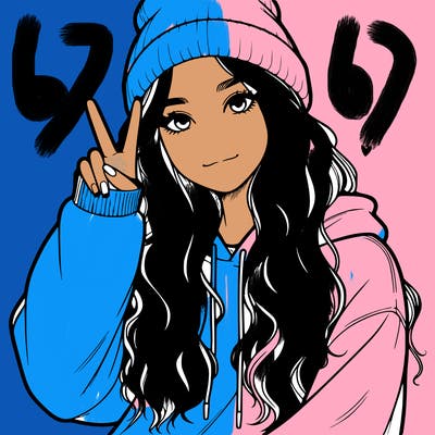 a teenage girl in a beanie, oversized sweatshirt, wavy long hair, and is showing a ✌️