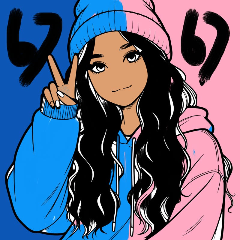 a teenage girl in a beanie, oversized sweatshirt, wavy long hair, and is showing a ✌️