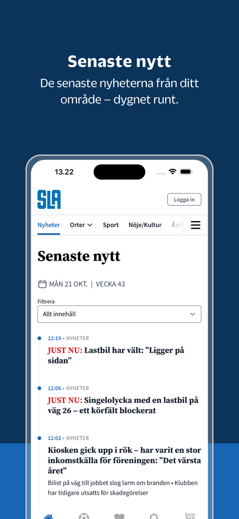 Interfaz de la app móvil SLA que muestra las últimas noticias locales de la región de Skaraborg en Suecia