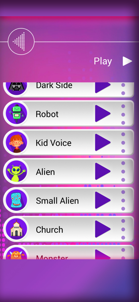 로봇, 외계인, 몬스터를 포함한 모바일 앱 인터페이스의 다양한 음성 효과 및 사운드 필터 선택 목록입니다.