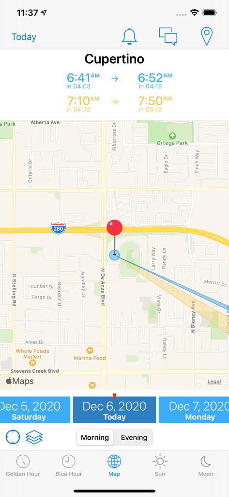 Golden Hour! - Uma interface de mapa no aplicativo Golden Hour mostrando a posição do sol e os horários de iluminação para Cupertino