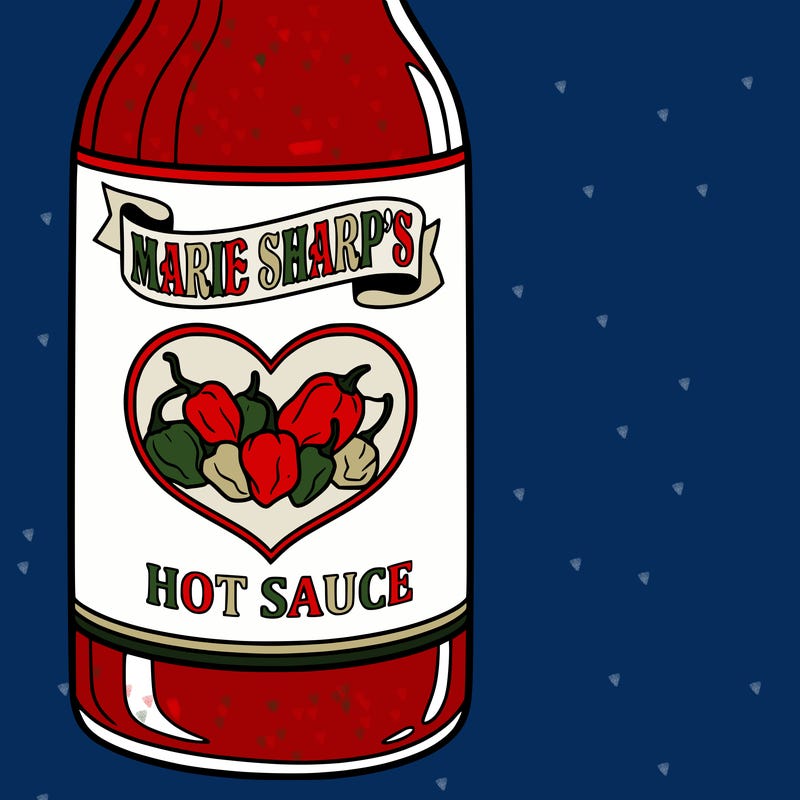 marie sharps glass hot sauce habanero peppers in a heart on the label