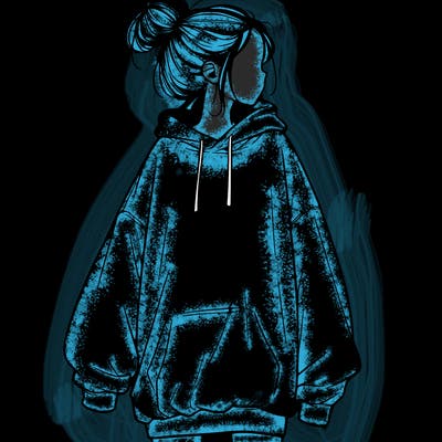 realistic girl with a oversized sweatshirt on and a bun