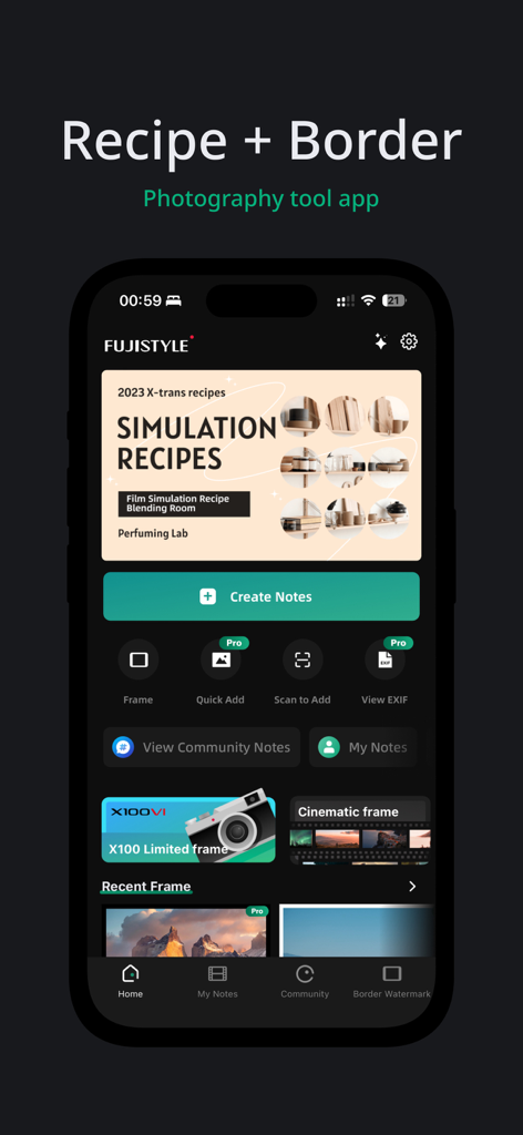 FujiStyle - Film Recipes Frame - FujiStyle app home screen displaying film simulation recipes and photography frame tools