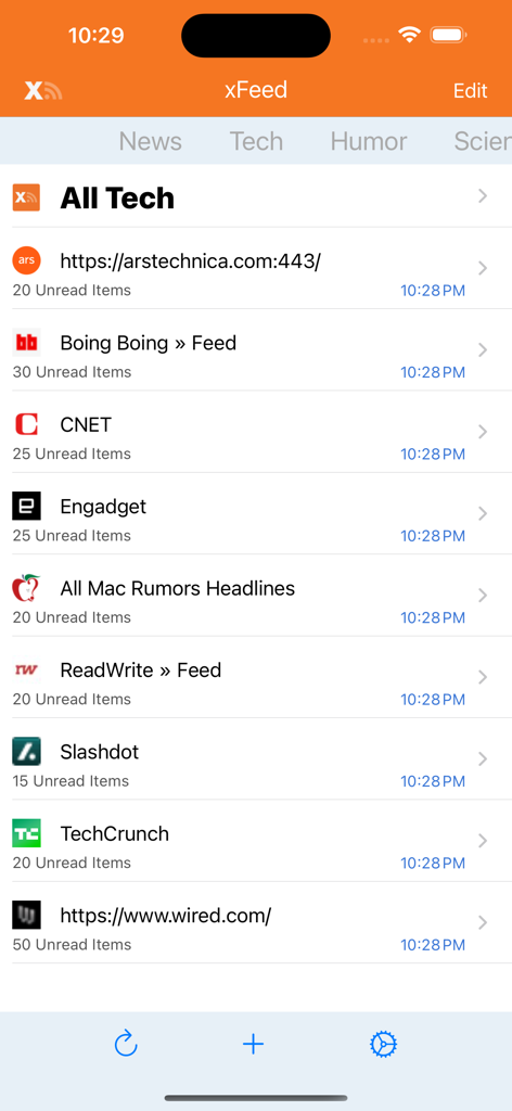 A list of tech news RSS feeds within the xFeed mobile app including Wired, TechCrunch, and Engadget