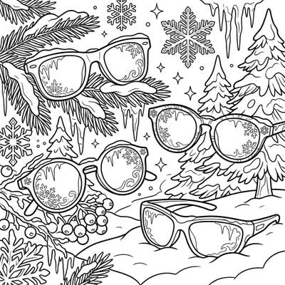 Embrace the chill with our delightful Unisex Eyewear Winter Wonderland coloring page. Featuring various stylish glasses adorned with frosty patterns, set against a backdrop of snowy pines and sparkling icicles, this page offers a unique seasonal coloring experience.