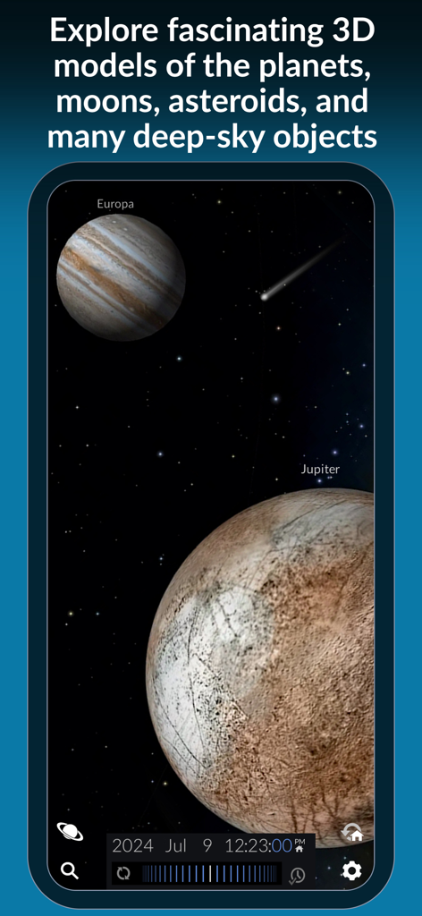 The Sky Pro by Redshift - High quality 3D planetarium models of Jupiter and its moon Europa in The Sky Pro app.