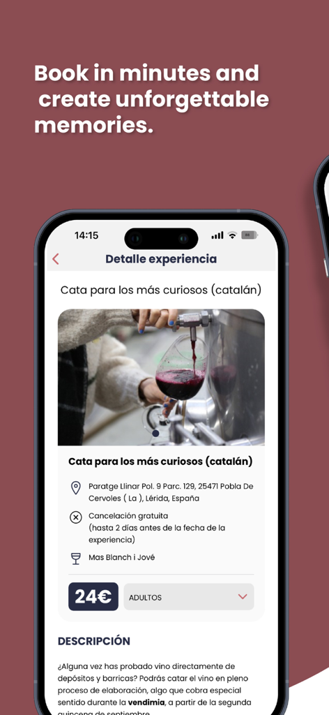 Pantalla de la aplicación móvil Enolovers que muestra la experiencia detallada de cata de vinos y la información de reserva en España