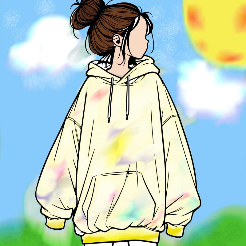 realistic girl with a oversized sweatshirt on and a bun