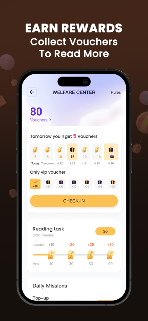 NovelOasis app interface showing the welfare center for earning vouchers through daily check-ins and reading tasks.