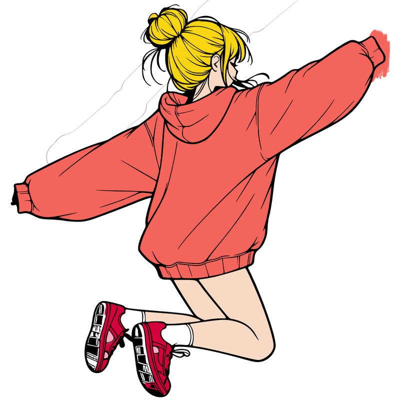 realistic girl jumping with a bun and oversized sweatshirt
