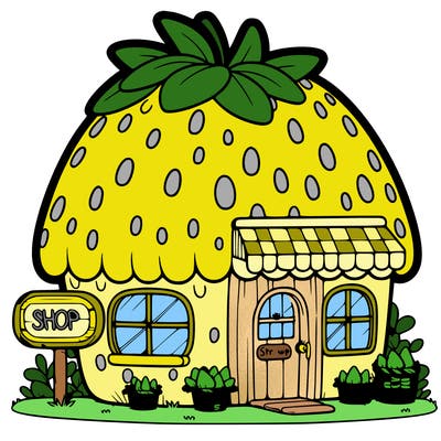 a small house-shaped shop made of a giant strawberry with a cute sign