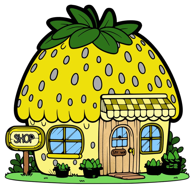 a small house-shaped shop made of a giant strawberry with a cute sign