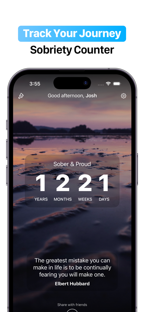 SoberLife - Sobriety Counter - SoberLife app showing a sobriety counter of over one year with a motivational quote and scenic background
