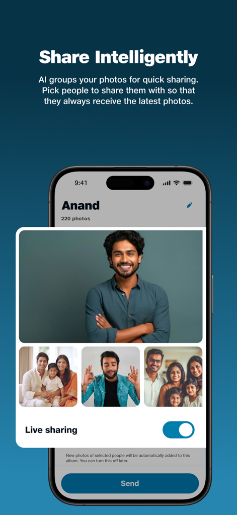 JioAICloud - Storage & Photos - JioAICloud app interface showing AI powered photo grouping and automated sharing features