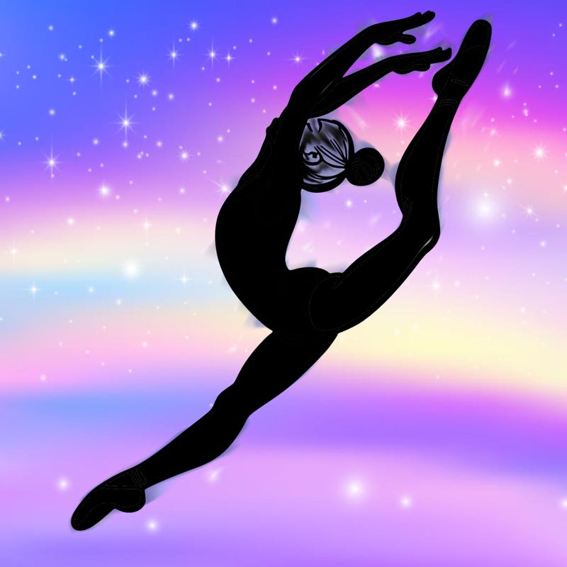 gymnast doing a leap in a leotard with a bent back leg