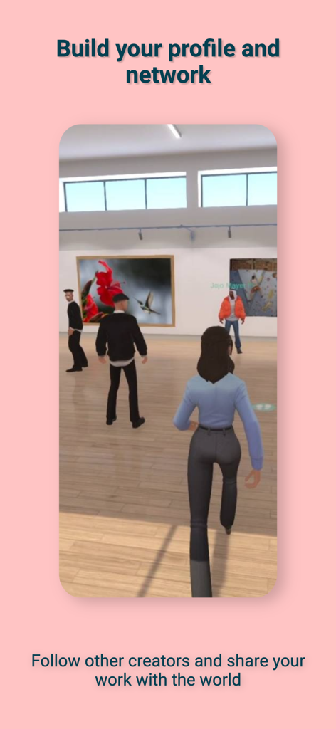 Metasteps - Avatars interacting in a 3D virtual gallery within the Metasteps app for social and professional networking.