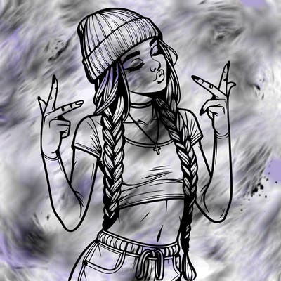 realistic teenage girl with braids and a beanie and crop top doing 🫶🏼