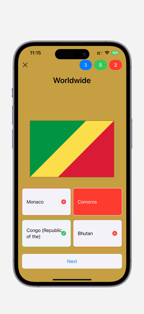 Flag Quiz: Flags of the World - Mobile app interface of Flag Quiz showing a multiple choice question for the flag of the Republic of the Congo.