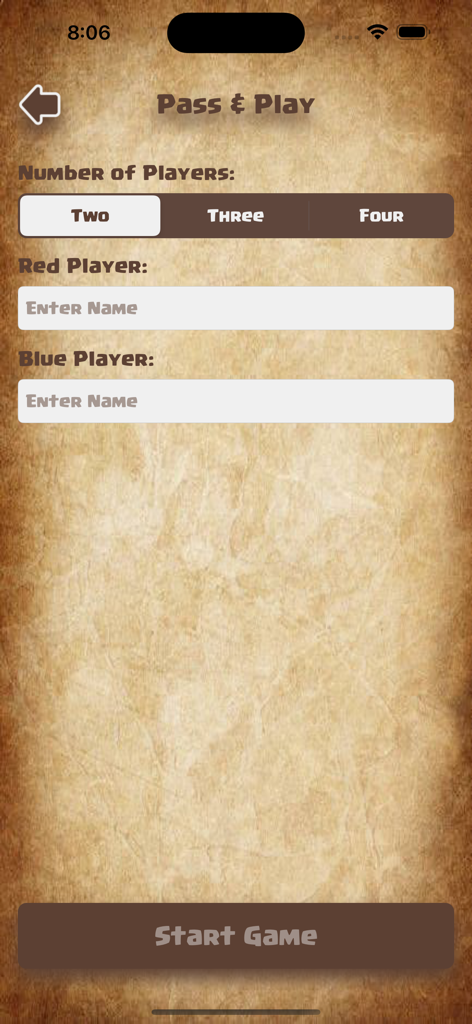 Love Messenger - Pass and Play game setup screen for two players in the Love Messenger app